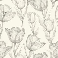 a drawing of some flowers in black and white colors on a wallpapered background