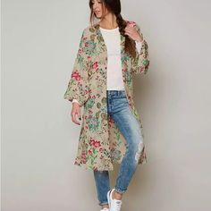 Free People Latimer Cardigan Size L New With Tags Floral Printed Gauze Kimono Sequin Accents 16" Side Vents 7 Floral Printed, Free People Tops, Sequin, Free People, Floral Prints, Womens Tops, Cream, Tags, Floral