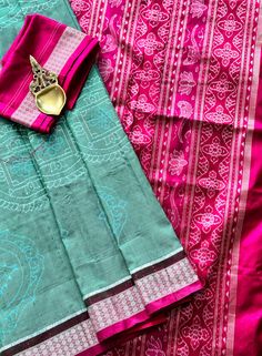 ✨This 8 ply master piece is woven ikkat (bandha) pure silk saree is in sage green color with pink border and Anchal..The saree has beautiful jhoti patterns that gives look like mandala patterned motif in the body and natuture inspired motifs like lotus, parrot and others. Both side of the saree have rudraksh border.  ✨ Comes with fall pico stitched and an unstitched blouse piece. 👉Sambalpuri Sarees of Odisha are known as the finest handloom.  👉The sarees reflect an original style of craft known as Baandha (Ikat) Traditionally. 👉These Baandhas are hand weaved with images of flora or fauna or with geometrical patterns or temple inspired motifs.  💫Adorn elegance in this gorgeous Sambalpuri Ikat pure silk saree from us.  Note- Slight variation in color possible due to how the camera captur Pink Pre-draped Saree With Motifs, Pink Pre-draped Saree With Motifs For Navratri, Pink Pre-draped Saree With Motifs For Puja, Pink Paithani Silk Pre-draped Saree For Traditional Ceremonies, Traditional Pink Pre-draped Saree For Transitional Season, Transitional Pink Tussar Silk Sets, Designer Pink Saree With Motifs, Designer Pink Paithani Silk Pre-draped Saree, Pink Motif Raw Silk Traditional Wear