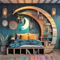 a bed room with a wooden floor and a book shelf on the wall next to it