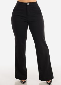 High Waisted Black Wide Leg Dress Pants Fitted Elastane Work Pants With Pockets, Stretch Straight Dress Pants With Button Closure, Stretch Mid-rise Solid Dress Pants, Stretch Mid-rise Dress Pants In Solid Color, Solid Stretch Mid-rise Dress Pants, Stretch Solid Mid-rise Dress Pants, Stretch Mid-rise Dress Pants, Fitted Solid Bottoms With Button Closure, Stretch Solid Work Pants For Business Casual