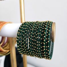 Green Gold Thread Bangles Set 18ct Indian Pakistani Jewelry Jewelery Bracelets Beautiful Metal Bangles Wrapped Thread Design Elegant Festive Stackable Jewelry, Elegant Gold Bead Bangle, Elegant Gold Bangle With Round Beads, Elegant Gold Beaded Bangle, Festive Stackable Jewelry Gift, Gold Bangle With Gold Beads, Elegant Gold Beads Bangle As Gift, Elegant Stackable Bracelets For Festivals, Gold Bracelets With Round Beads For Celebration