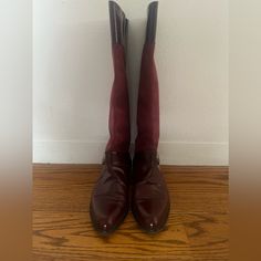 Burgundy Color. Leather And Suede With Gold Buckle Flat Boots Fall Burgundy Boots With Leather Lining, Burgundy Leather Knee-high Boots, Burgundy Calf Leather Boots For Fall, Formal Burgundy Boots Medium Width, Bally Shoes, Womens Riding Boots, Buckled Flats, Flat Boots, Burgundy Color