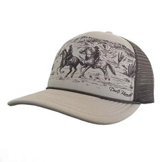 Introducing the Desperado Nights Western Ladies Cap! This stylish hat features a foam front with a captivating desert scene and a "Dusti Rhoads" logo. Its dark gray mesh back and snap closure ensure a perfect fit for ladies of all sizes. Complete with a vintage touch, it's a must-have for any cowgirl or young cowboy! Fits sizes 6 1/2 to 7 1/8. Western Style Adjustable Trucker Hat 5-panel, Adjustable Western 5-panel Trucker Hat, Adjustable Gray 5-panel Trucker Hat, Adjustable Western Style Trucker Hat, Gray 5-panel Hat, One Size Fits Most, Adjustable 5-panel Trucker Hat For Rodeo, Gray Trucker Hat One Size Fits Most, Gray Trucker Hat, One Size Fits Most, Ladies Cap