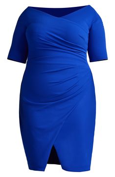 A chic cocktail dress adds a grace note with side ruching shaping the waist. 41" length V-neck Elbow-length sleeves Lined 95% polyester, 5% spandex Dry clean Imported Formal Knee-length Dress With Ruched Sides, Elegant Blue Midi Dress With Ruched Back, Elegant Dress With Asymmetrical Neckline And Ruched Back, Elegant Dresses With Ruched Back And Asymmetrical Neckline, Blue Evening Dresses With Ruched Sides, Blue Dresses With Ruched Sides For Evening, Cocktail Dress With Ruched Surplice Neckline, Cocktail Dress With Ruched Detail And Surplice Neckline, Evening Midi Dress With Ruched Sides And V-neck