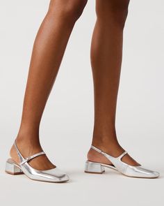 MARJORIE Silver Slingback Mary Jane | Women's Heels – Steve Madden Sling Back Heels, Heels Silver, Steve Madden Store, Womens Mary Janes, Apparel Merchandising, Leather Socks, Naturalizer Shoes, Mary Jane Heels, Silver Heels