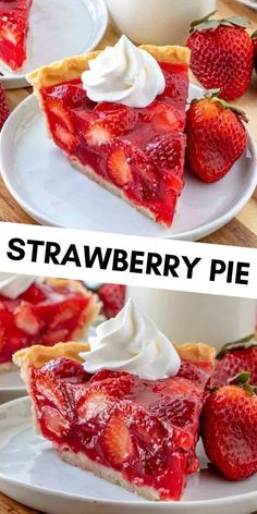 strawberry pie with whipped cream on top and strawberries in the background, one slice missing