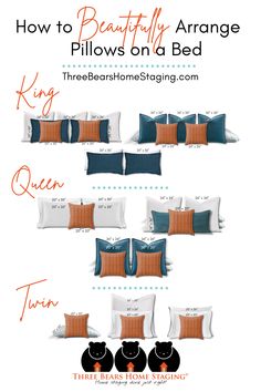 the instructions for how to make pillows on a bed with text that says how to beautifully arrange pillows on a bed