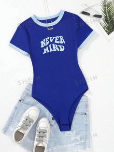 Blue Outfits For Women, Body Azul, Comfy Jumpsuits, Fabric Letters, Slogan Tee, Fabric Belt, Really Cute Outfits, Womens Bodysuit, Contrast Trim