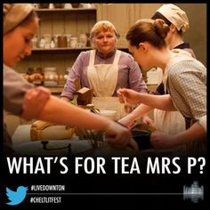 a group of women standing around a kitchen preparing food on top of a table with the words what's for tea mrs p?