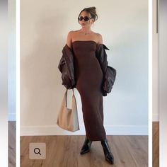 Brand New With Tags! Brown Sweater Material Medium Brown Brown Dresses Outfit, Dark Brown Dress, Cherry Print Dress, Brown Maxi Dresses, European Outfit, Amanda Dress, Maxi Dress Outfit, Womens Knit Dresses, Dress Back