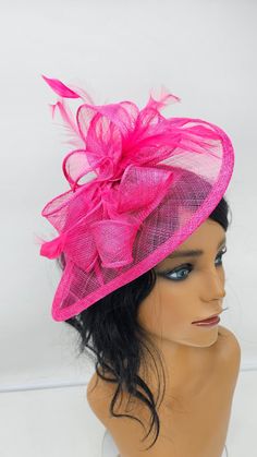 This stunning  piece is sure to turn heads with any outfit. Hot Pink Fascinator. Securely by headband. This will be a great way to add elegance to any,  bridesmaid,  rehearsal dinner,  Wedding guest,  cocktail party, or church outfit. - Ready to ship  - Lightweight - Fast shipping - Customize by adding different color flowers and or feathers Check my store for for styles and colors.  etsy.com/shop/hatsandpearls Find more at my website: Www.hatsandpearls.com  reach out to me if you can't find what you are looking for.  I can make cake custom orders and help you style and match your outfit Party Fascinator With Short Brim For Royal Ascot, Party Mini Hat With Adjustable Curved Brim, Adjustable Royal Ascot Costume Hats For Party, Adjustable Costume Hat For Party At Kentucky Derby, Adjustable Wide Brim Costume Hat For Parties, Adjustable Mini Hat For Kentucky Derby Party, Adjustable Mini Hats With Curved Brim For Party, Adjustable Mini Hat With Curved Brim For Parties, Short Brim Headpiece For Royal Ascot Party