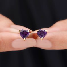 Amethyst Jewelry For Valentine's Day, Heart-shaped Yellow Gold Amethyst Jewelry, Heart-shaped Amethyst Yellow Gold Jewelry, Anniversary Birthstone Heart Earrings, Yellow Gold Amethyst Heart Cut Jewelry, Valentine's Day Purple Round Jewelry, Elegant Purple Heart Earrings As Gift, Gold Gemstone Heart Earrings, Purple Fine Jewelry For Valentine's Day