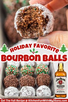 a person is holding up a holiday favorite bourbon balls