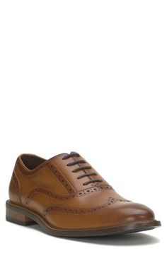 Stylish broguing lends vintage-inspired style to a polished leather oxford set atop a navy-blue rubber sole for slip-free strides. Leather upper/textile lining/rubber sole Imported Oxford Shoe, Shoe Men, Oxford Shoes Men, Leather Oxford Shoes, Vince Camuto, Cognac, Rubber Sole, Oxford Shoes, Vintage Inspired