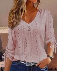 Color: pink, Size: S(4) Plus Size Long Sleeve Tops, Eyelet Blouse, Top Shirt Women, Weave Style, Basic Tops, Season Autumn, Middle Age, Sleeves Pattern, Neck Pattern