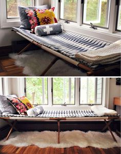 two pictures of a bed with pillows and blankets on it in front of a window