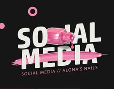 the words social media are painted in pink and white on a black background with polka dots