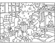 a christmas coloring page with teddy bears and presents in front of a tree, on the floor