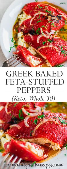 greek baked feta - stuffed peppers with ketchup and parsley on top