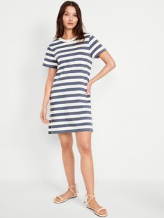 rib-knit crew neck short sleeves vented sides striped print relaxed shift silhouette hits above knee models are approx.  5'9" and wear sizes s (4), l (12), and xl (18)