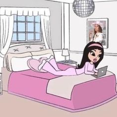 a woman laying on top of a pink bed in a bedroom