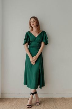 Caitlyn Emerald Green Satin Midi Dress / Flutter Sleeves Tea - Etsy Midi Formal Dress Sleeve, Midi Wedding Guest Dress With Sleeves, Satin Midi Dress With Sleeves, Emerald Green Midi Dress, Dress Flutter Sleeves, Waist Adjustment, Emerald Dress, Puff Sleeves Dress, Green Satin Dress