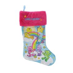 a colorful stocking with bears and rainbows on it