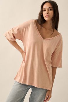 Big Mood Vintage-Wash Oversize V-Neck Tee - ShopPromesa Big Mood, Vintage Canvas, V Neckline, V Neck Tee, Deep V, Oversized Fits, Drop Shoulder, Short Sleeves, V Neck