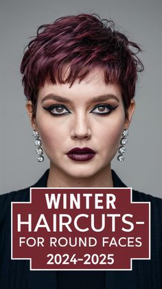 Explore winter haircuts for round faces that are perfect for the 2024-2025 season. A short bob or pixie cut adds structure and flatters the shape of the face, while long layered styles offer a soft, feminine look. For medium curly hair, a shoulder length cut with layers can add movement and balance. These flattering styles work well for women with round or plus size face shapes. Short Red Hair Round Face, Short Pixie Haircuts Round Face, Winter Pixie Haircut, Short Round Face Haircut, Short Hair Styles For Round Faces Older, Short Layered Hairstyle Women Round Face, Pixie Cut Plus Size Round Faces, Curly Hair Pixie Cut Round Faces, Plus Size Short Haircut