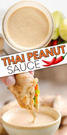 a person dipping some food into a small white bowl with sauce in it and the words thai peanut sauce on top