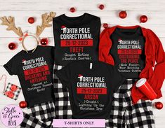 Matching Family Christmas Pajama Shirts, North Pole Correctional, Funny Group Christmas Pajamas, Holiday Tshirts, Xmas Pjs Adult Pyjama Tops These are priced per shirt. ⚠️ PLEASE NOTE: NO PANT BOTTOMS INCLUDED  ⚠️ **PLEASE NOTE** 👉 Colors can vary slightly from what you see on your screen to the actual product. This is due to the fact that different screens have different capacities to display colors and everyone has individual screen settings. We try to provide the colors as life-like as possi Inmate Shirts, Christmas Pajama Shirts, Kids Tees Design, Matching Family Christmas Shirts, Mens Christmas Shirts, Christmas Pjs Family, Xmas Pjs, Matching Family Christmas Pajamas, Adult Pajamas