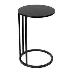 a small black table with a circular base and metal ring on the bottom, against a white background