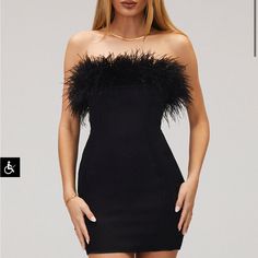 Black Satin Mini Dress With Feather Detail Size Small Never Worn! Black Feather Hoco Dress, Black Feather Dress Short, Black Strapless Dress With Feathers, Fitted Feather Mini Dress, Fitted Feathered Mini Dress, Fall Mini Dress With Feather Trim, Feathered Mini Dress For Fall, Fall Feathered Mini Dress, Chic Strapless Mini Dress With Feathers