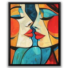 an abstract painting of two women kissing each other