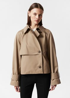 Short Trench Coat Jacket Modern Cotton Utility Jacket For Fall, Modern Cotton Outerwear For Fall, Beige Cotton Windbreaker For Fall, Modern Oversized Cotton Outerwear, Fall Beige Cotton Windbreaker, Beige Cotton Windbreaker For Spring, Spring Beige Cotton Windbreaker, Modern Gabardine Outerwear For Fall, Cotton Windbreaker For Workwear In Fall