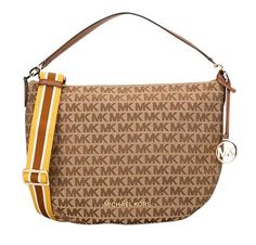 Michael Kors Medium Bedford Crescent Shoulder Bag in Beige/Ebony with gold-tone hardware. Adjustable/removeable crossbody strap. 1 interior zip pocket, 2 interior slip pockets. Beige Monogram Canvas Bag With Logo, Elegant Brown Bag With Logo Strap, Brown Canvas Logo Bag, Brown Canvas Bag With Logo, Brown Canvas Shoulder Bag With Logo, Crescent Bag, Round Purse, Black Gold Chain, Michael Kors Bedford