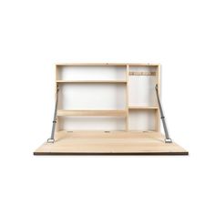 an empty wooden shelf with metal legs