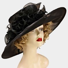 Style No : [260041] H1709-Bk-20"R-Organza Color : Black Size : 20" R, 6.5" Id, 5" H Wide Brim Organza Derby Hat Chic Black Party Hat, Black Curved Brim Hats For Party, Black Curved Brim Hat For Evening, Black Wide Brim Hat For Party, Black Wide Brim Party Hat, Elegant Wide Brim Black Hat, Black Curved Brim Hat For Royal Ascot, Black Brimmed Hat For Party, Black Brimmed Church Hat