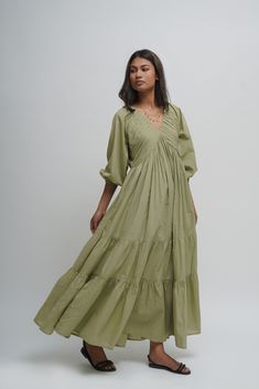 Organic Cotton Pleated Maxi Dress, Green Tiered and Layered Dress, Boho Tunic With Pockets, Comfortable Loose Fit, Plus Size, Custom Sizing - Etsy Flowy Cotton Boho Dress With V-neck, V-neck Summer Dresses For Gatherings, Flowy Bohemian Tiered V-neck Dress, Flowy Bohemian V-neck Tiered Dress, Cotton Tiered Dress For Brunch, Bohemian Flowy Tiered Dress For Brunch, Flowy Bohemian Tiered Dress For Brunch, Billowy Bohemian Tiered Dress, Spring Cotton Tiered Maxi Dress