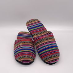 Authentic Peruvian Andean Manta Fabric Unisex Slippers. Colorful Stripes Pattern. Can Be Used Indoor And Outdoors. Non Slip Rubber Sole. New Excellent Condition. Never Been Used. Measurements Outside Slippers Rubber Sole 12”. Inside Shoes 10.75”. Fabric Slippers, Unisex Slippers, Blue Slippers, Grey Slippers, Vintage Chanel Handbags, Inside Shoes, Slide Slippers, Suede Slippers, Moccasins Slippers