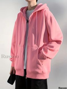 Russoo - Mens Zippered Hooded Jacket: Casual Long Sleeve Hoodies for Gym and Sports, Ideal for Spring and Fall Wear Solid Hooded Fleece Outerwear, Solid Color Hooded Fleece Outerwear, Solid Fleece Hooded Outerwear, Casual Fleece Hooded Windbreaker, Hooded Fleece Jacket For Spring Streetwear, Solid Fleece Hooded Jacket With Pockets, Solid Color Fleece Hooded Jacket With Pockets, Solid Sportswear Hooded Jacket With Double-lined Hood, Solid Hooded Jacket With Double-lined Hood For Sportswear