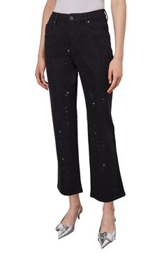 Tonal crystal accents on the front of these cropped jeans level up their ready-for-night-out vibe. 27" inseam (size X-Small) Zip fly with button closure Five-pocket style 72% cotton; 24% polyester; 3% viscose; 1% spandex Hand wash, dry flat Imported Party Straight Leg Jeans With Rhinestones, Party Jeans With Rhinestones Straight Leg, Embellished Straight Leg Bottoms For Night Out, Chic Evening Bottoms With Rhinestones, Straight Leg Jeans With Rhinestones For Night Out, Straight Leg Rhinestone Jeans For Night Out, Rhinestone Embellished Straight Leg Jeans For Night Out, Straight Leg Jeans With Five Pockets For Party, Embellished Straight Leg Party Jeans