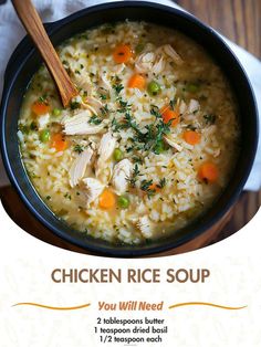 a bowl of chicken rice soup with carrots and celery