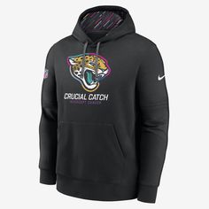 Join the NFL in a significant cause with this Jacksonville Jaguars Crucial Catch Club Crew. It features a front pocket for convenient storage on the go and the team logo in the initiative's signature multi-color design across the front. Nike Team-colored Hoodie For Sports Season, Nike Team-colored Hoodie For Sports Events, Nike Team-colored Hoodie For Streetwear, Nike Sports Event Hoodie, Nike Hoodie With Team Logo For Sports Events, Nike Hoodie For Sports Events, Collegiate Black Hoodie With Team Logo, Black Hoodie Crew Neck For Fan Gear, Black Hoodie With Drawstring For Fan Gear