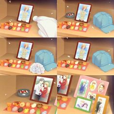 there are many pictures on the shelves with hats and other things in them, including an empty photo frame