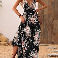 Shein Floral Maxi Dress Never Worn, Needed A Smaller Size. Elegant Black Floral Dress For Vacation, Casual Maxi Dress For Party, Black Maxi Dress For Summer Garden Party, Black Midi Dress For Garden Party, Black Summer Dress For Garden Party, Black Bohemian V-neck Sundress, Black Floral Print Vacation Dress, Black Floral Print Maxi Dress For Summer, Black Floral Print Dress For Vacation