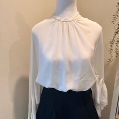 Absolutely Stunning Silk Prada Blouse With Bat Wings And Lace Detail. New With Tags!! Size 42 Eu Elegant Blouse For Spring Brunch, Elegant Spring Blouse For Brunch, Classic Blouse For Brunch, Elegant White Blouse For Brunch, Prada Blouse, Silk Button Up, Beaded Sweater, Asymmetrical Blouse, Cream Blouse