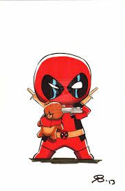 the deadpool is holding a teddy bear in his arms and wearing a red outfit