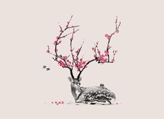 a painting of a deer sitting under a tree with pink flowers on it's branches